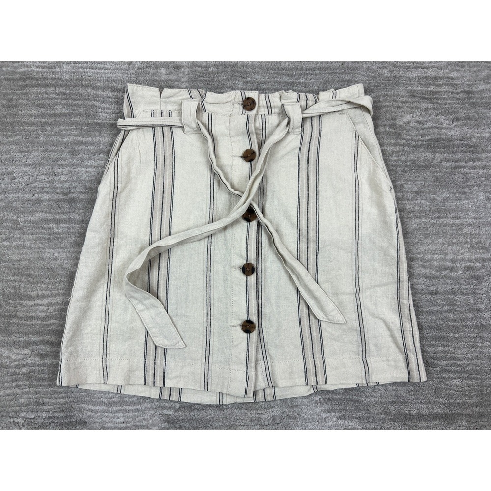 Maurices Skirt Womens 2 Oatmeal Striped Linen Blend Paperbag Button Front Mini